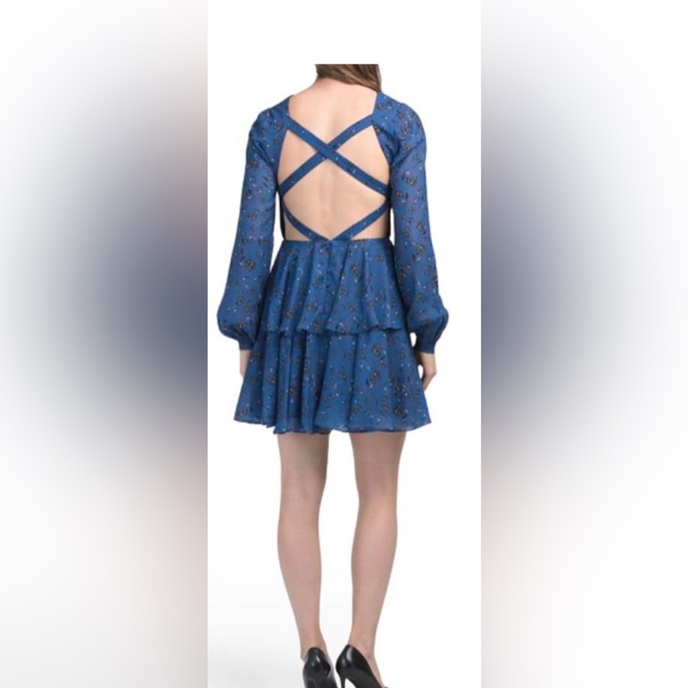 Love Theia Women's Floral Chiffon Blouson-Sleeve Dress with Cutout Back